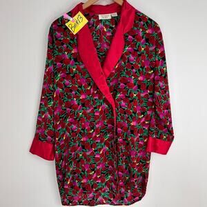Vintage Victoria Secret Gold Label Floral Satin Blazer Style Night Shirt Sz S